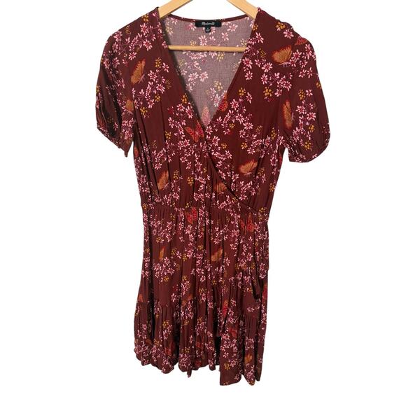 Madewell Ruffle Wrap Dress Windowbox Floral Butterfly Burgundy Short Sleeve 6 - Picture 1 of 6